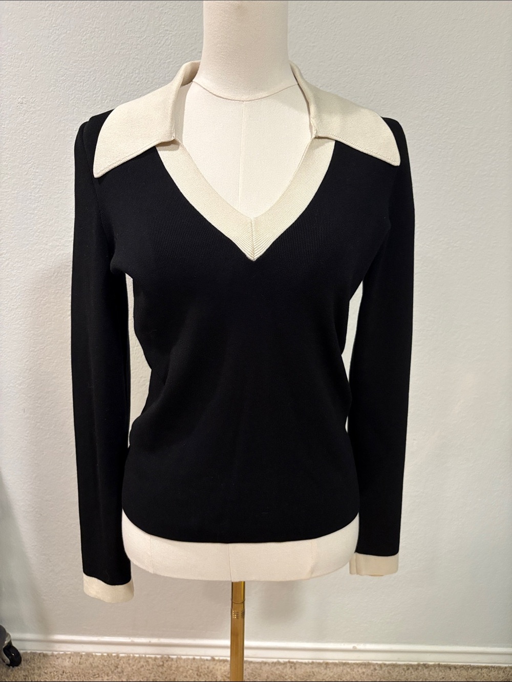 Express Black Sweater with Cream V-Neck Collar